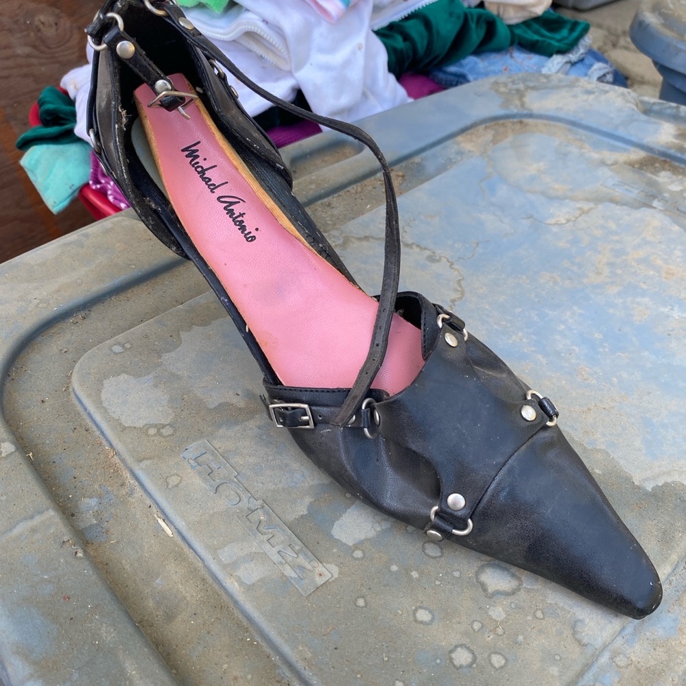 Michael Antonio Black Pointed Toe Flats with Strap and Studs